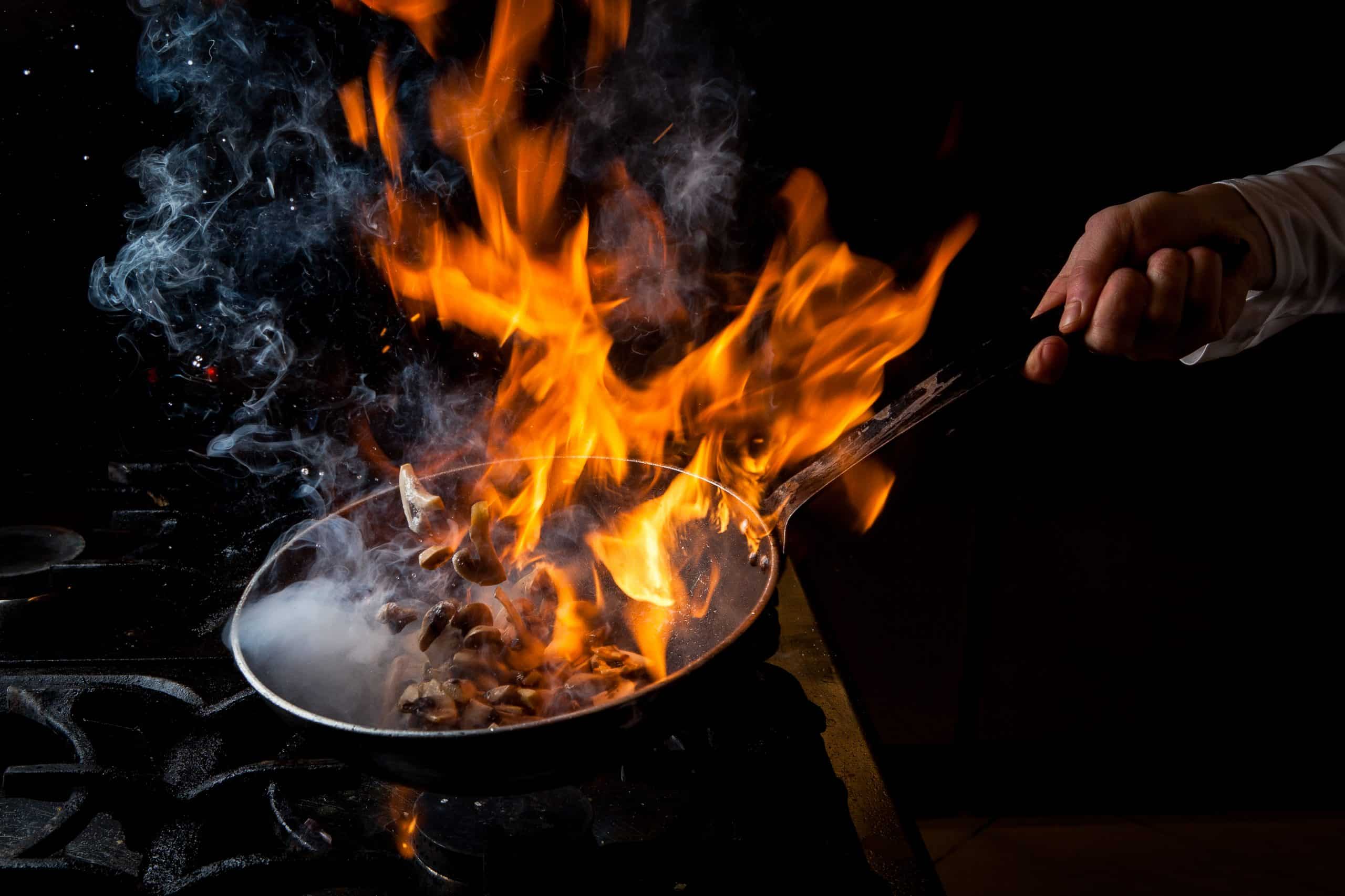 Flambéing mushrooms using Gourmet Classic Cooking Brandy