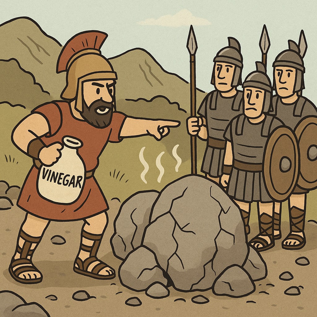 Alt text:<br />
Hannibal using heated rocks and vinegar to break through the Alps during the Second Punic War