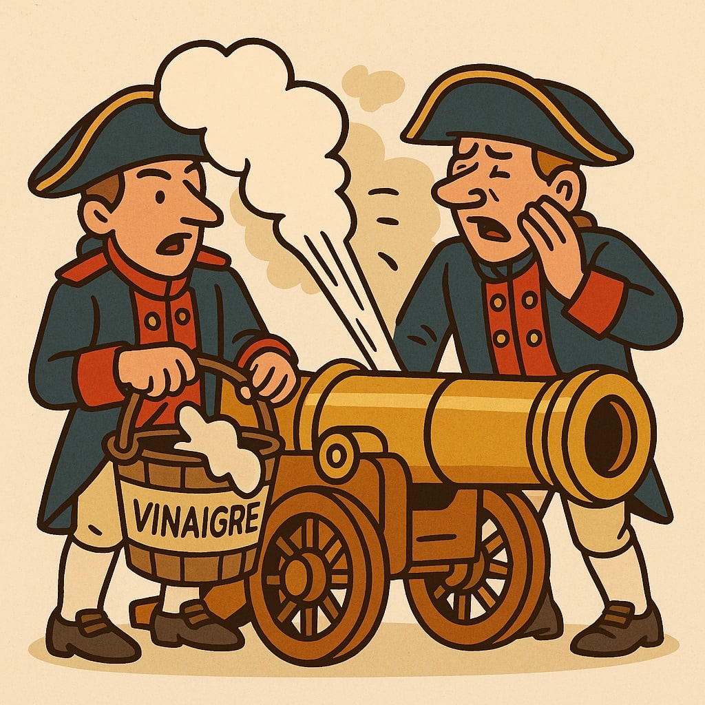 French soldiers cleaning and cooling cannons with vinegar after firing in battle