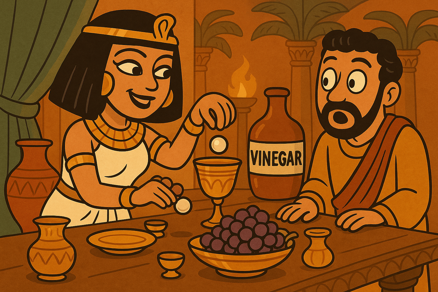 Cleopatra dissolving pearls in vinegar during a luxurious Roman feast with Mark Antony