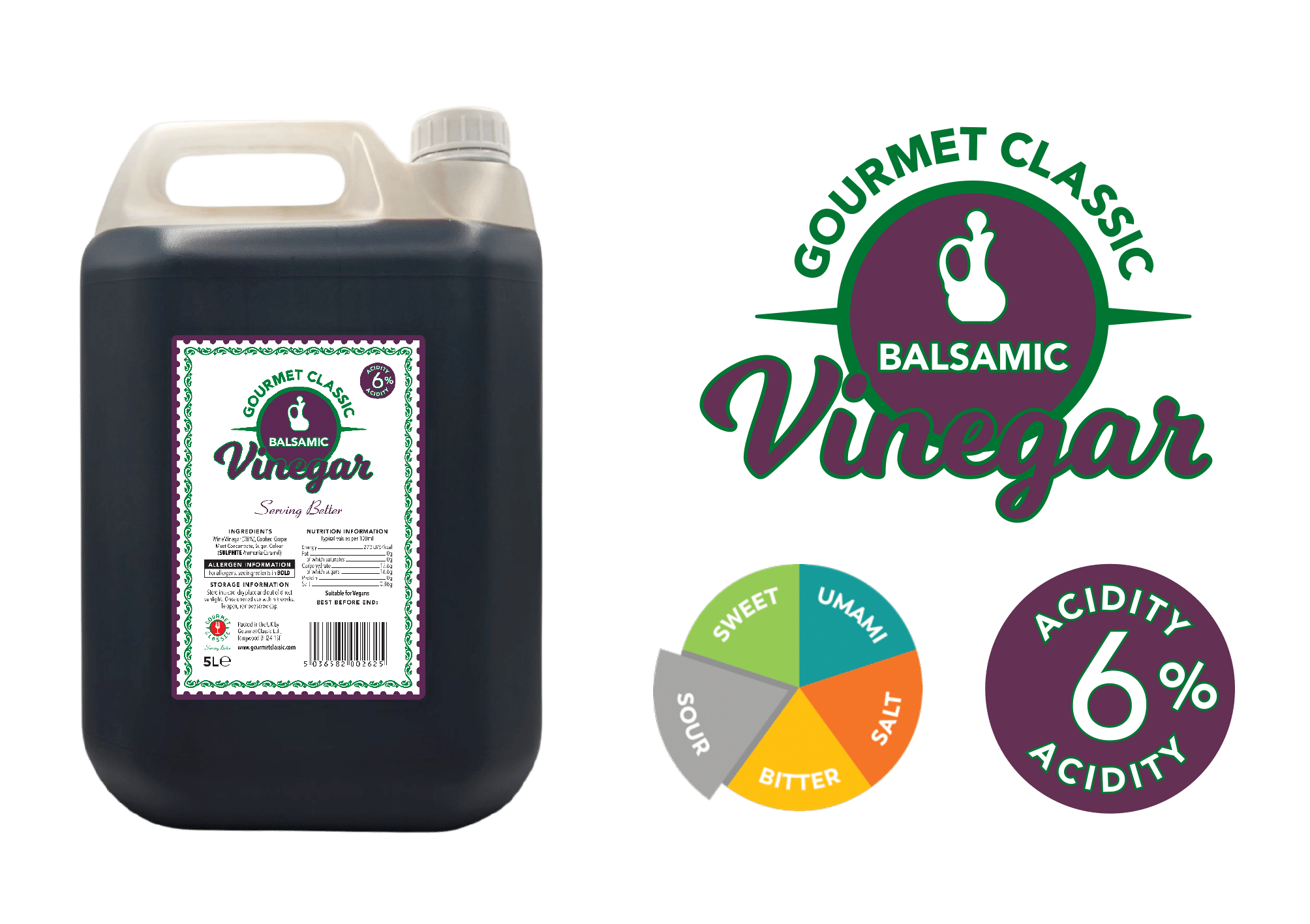 a 5 litre Jerry can of Gourmet Classic 6% acidity balsamic vinegar packed at their BSCG accredited Factory. It has a label containing Ingredients storage & nutritional information