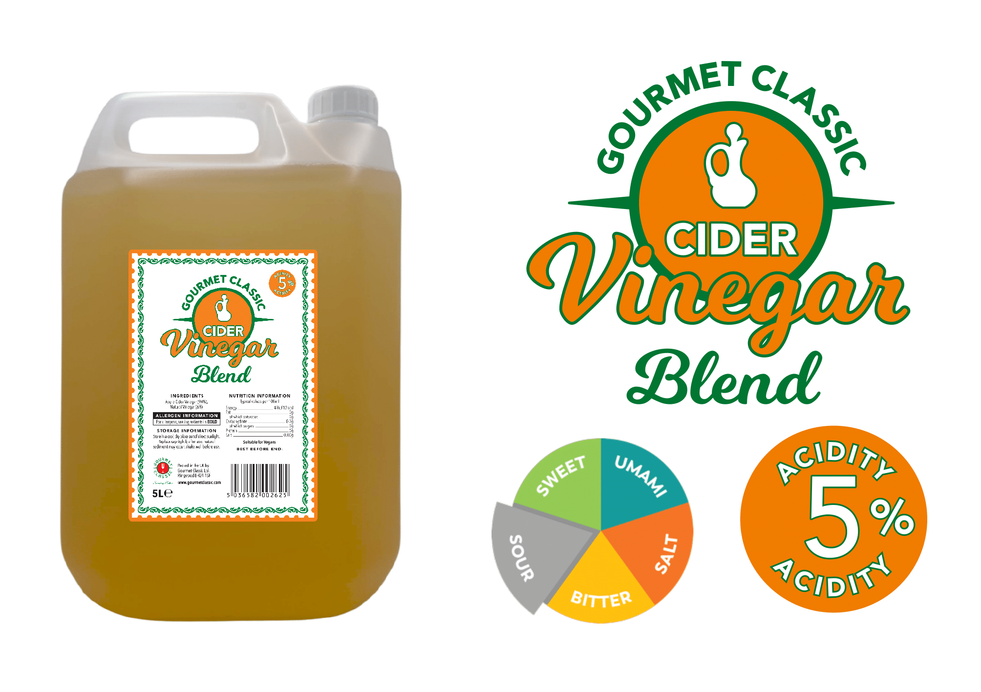 a 5 litre Jerry can of Gourmet Classic 5% acidity cider vinegar blend packed at their BSCG accredited Factory. It has a label containing Ingredients storage & nutritional information
