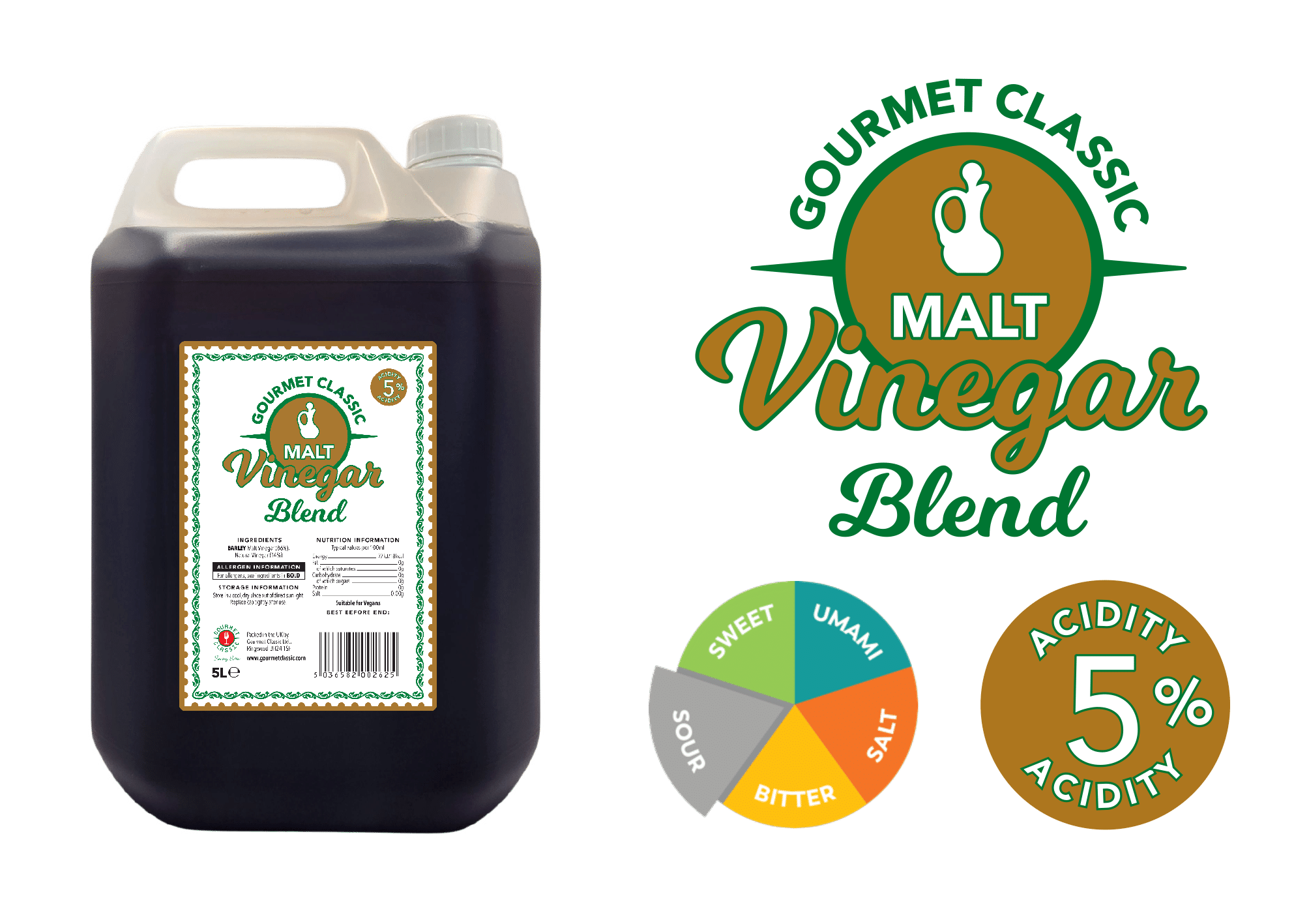 a 5 litre Jerry can of Gourmet Classic 5% acidity malt vinegar blend packed at their BSCG accredited Factory. It has a label containing Ingredients storage & nutritional information
