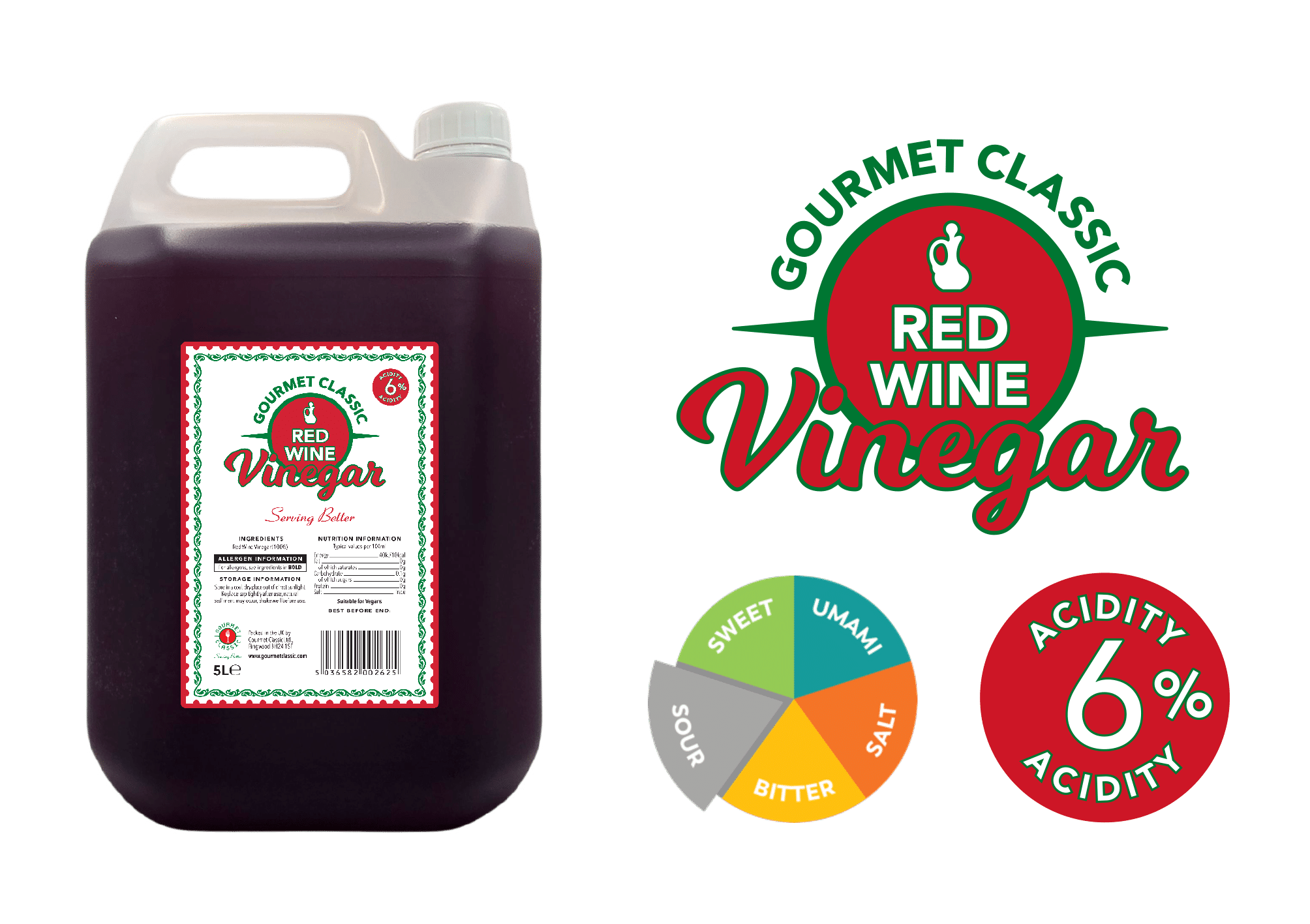 a 5 litre Jerry can of Gourmet Classic 6% acidity red wine vinegar packed at their BSCG accredited Factory. It has a label containing Ingredients storage & nutritional information