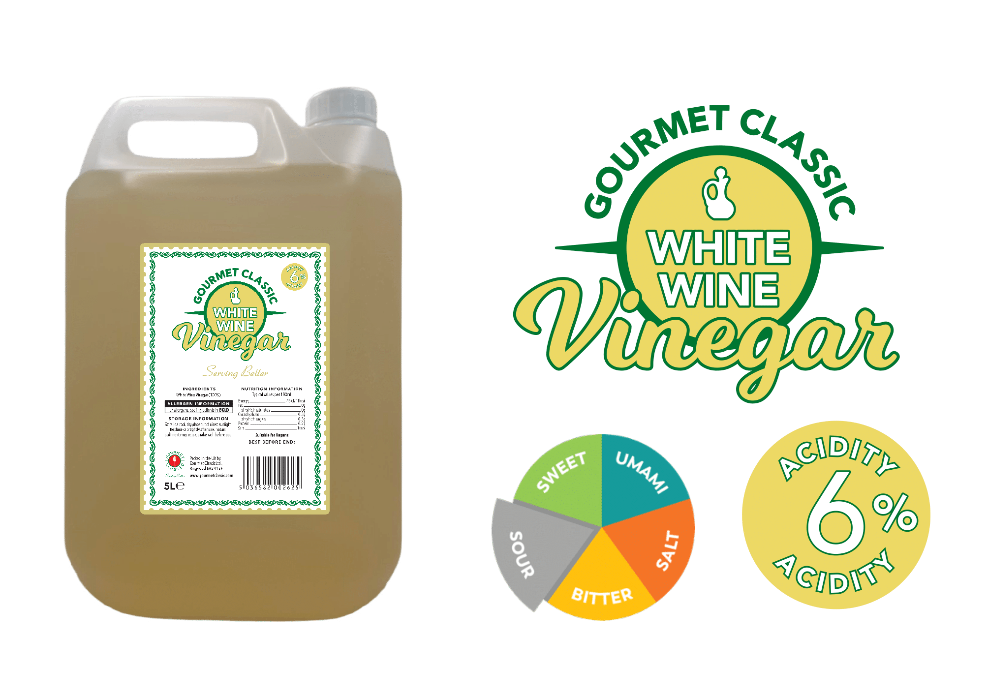 a 5 litre Jerry can of Gourmet Classic 6% acidity white wine vinegar packed at their BSCG accredited Factory. It has a label containing Ingredients storage & nutritional information