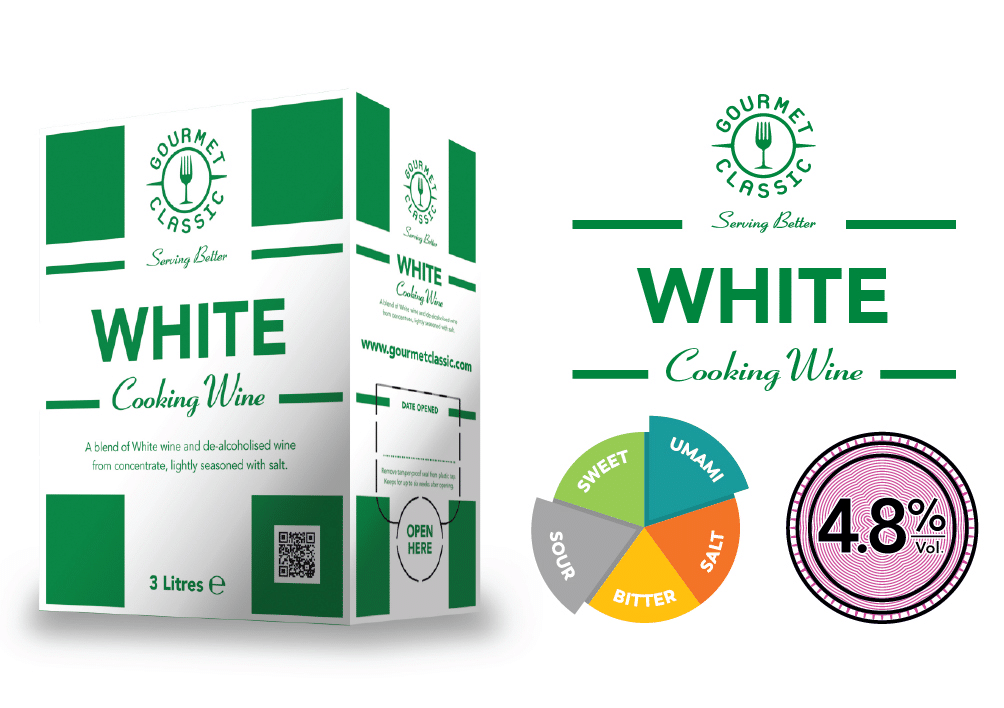 Gourmet Classic white cooking wine in bulk bag-in-box sizes of 3, 5 and 10 litres, designed for catering environments and widely used in sauces, seafood dishes and classic moules marinière