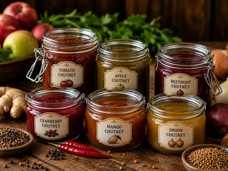 Assorted homemade chutneys in six glass jars labeled tomato, apple, beetroot, cranberry, mango, and onion chutney, arranged on a rustic wooden table with apples, onions, ginger, chili peppers, herbs, and spices in the background.