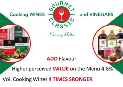 Front cover of the Gourmet Classic Cooking Wines & Vinegars 2026 brochure featuring premium cooking wines, gourmet vinegars and foodservice products for restaurants and commercial kitchens.