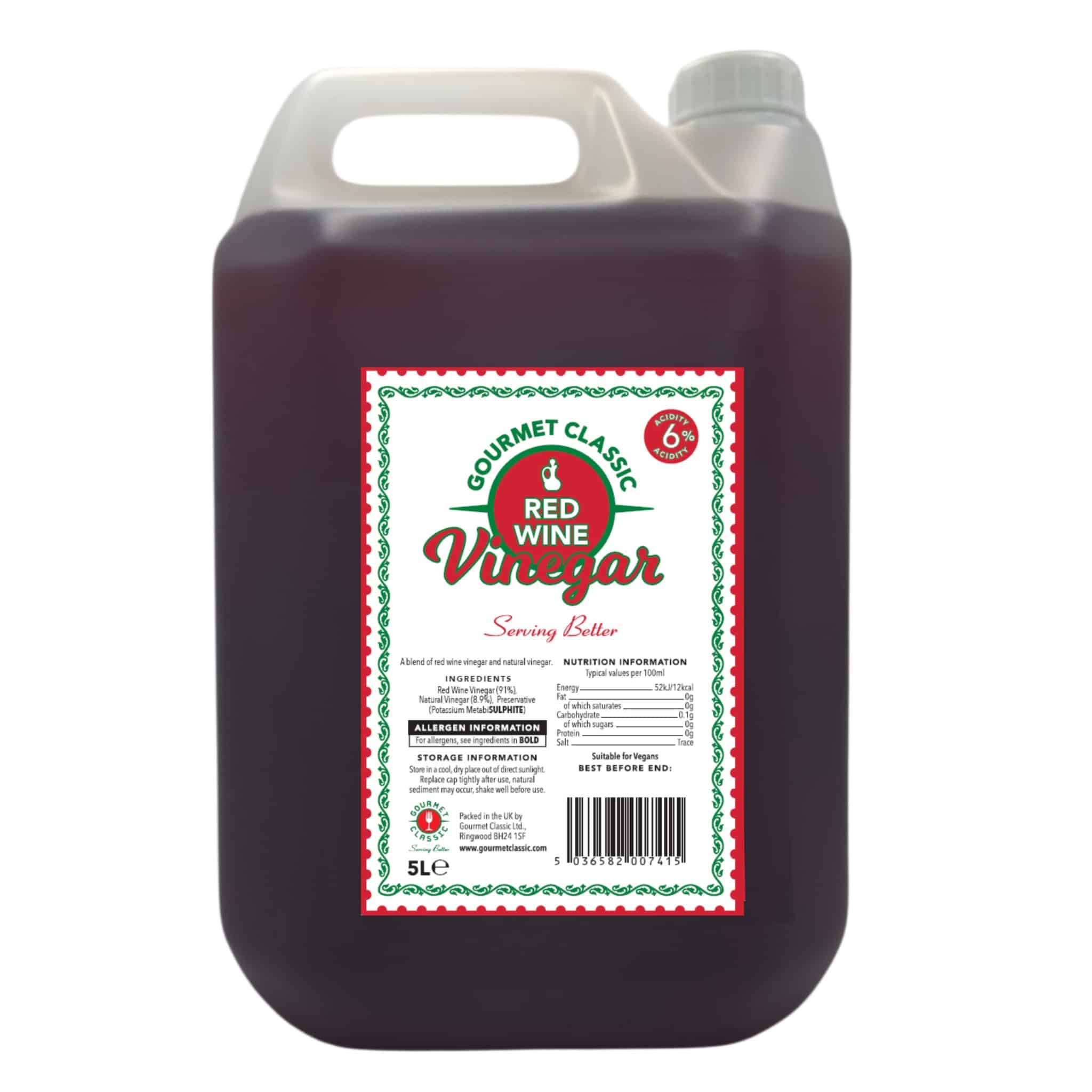a 5 litre Jerry can of Gourmet Classic 6% acidity red wine vinegar packed at their BSCG accredited Factory. It has a label containing Ingredients storage & nutritional information