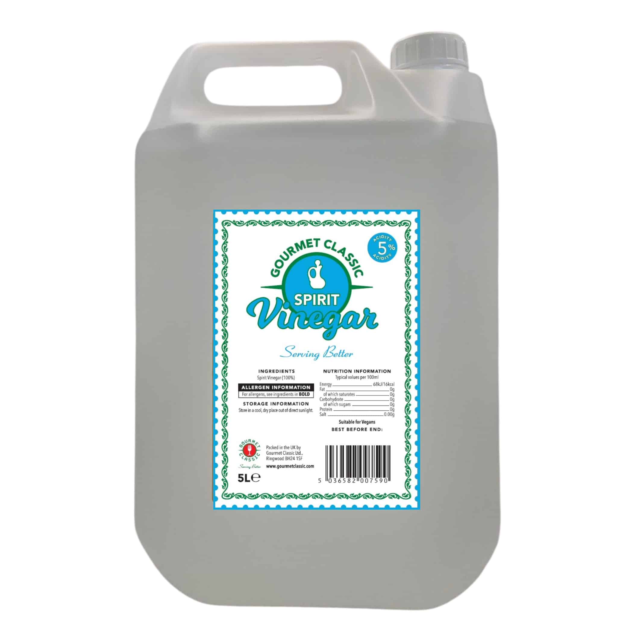 a 2.5 litre Jerry can of Gourmet Classic 5% Spirit vinegar packed at their BSCG accredited Factory. It has a label containing Ingredients storage & nutritional information