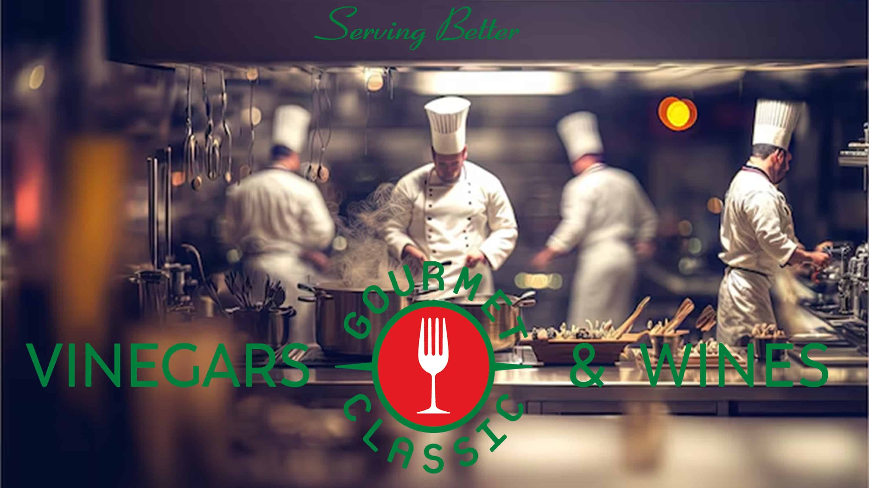 Gourmet Classic Serving Better logo, with a chef holding a bag in box of cooking wine in a professional catering kitchen in the backgroundunderneath. In the background is a Chef holding a Bag in Box of Cooking Wine in a professional Catering Kitchen